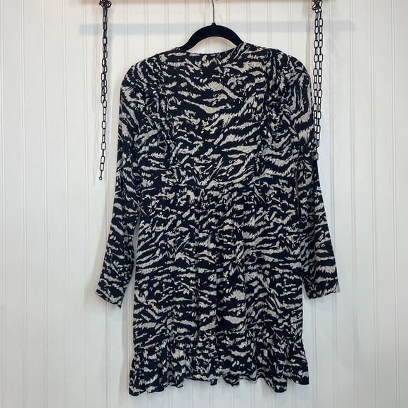 Zara Black Print V-Neck Ruffled Long Sleeve Mini Dress Size M - Picture 3 of 6